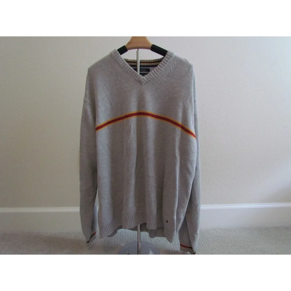 Tommy Hilfiger Sweater XL Gray V-Neck Stripe Cotton Preppy‎ Pullover